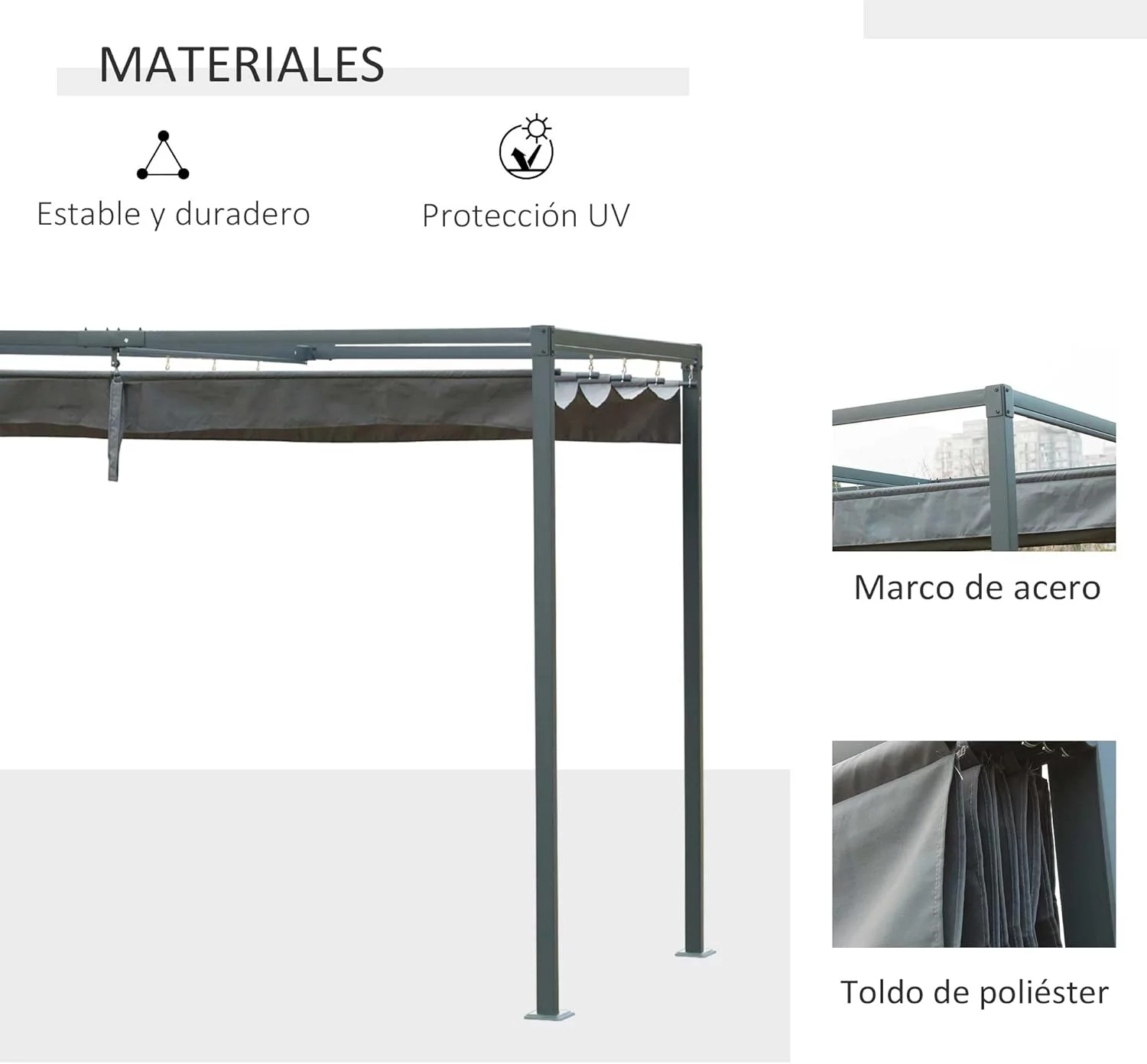 Outsunny Pérgola 3x2 m Cenador de Jardín con Techo Retráctil de Poliéster con Recubrimiento Resistente para Celebraciones Fiestas Bodas Gris - Imagen 3
