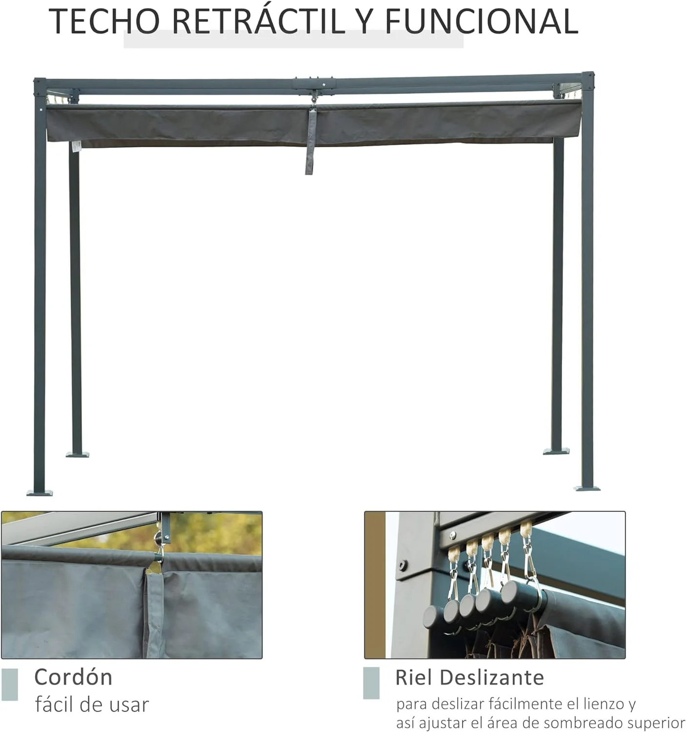 Outsunny Pérgola 3x2 m Cenador de Jardín con Techo Retráctil de Poliéster con Recubrimiento Resistente para Celebraciones Fiestas Bodas Gris - Imagen 4