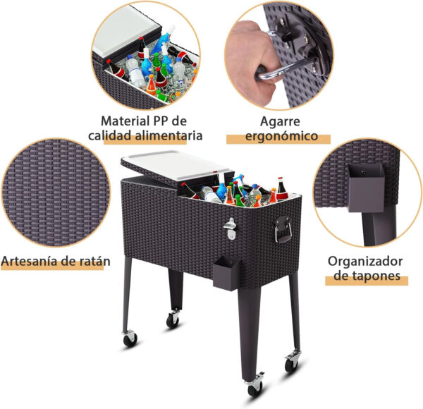 COSTWAY Carrito Nevera 76L Carro Portátil para Bebidas y Hielo con Ruedas, Sacacorchos - Imagen 6