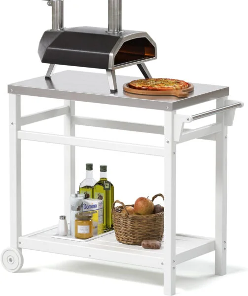 TORVA BBQ Grill Cart for Pizza Ovens and Grills, Outdoor Cart with Stainless Steel Top, Mobile Kitchen Cart with Wheels, Service Cart, White