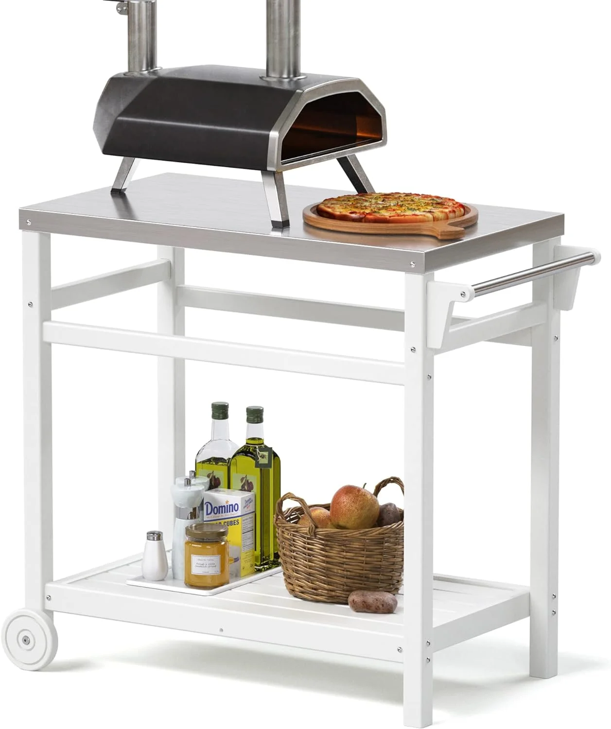 TORVA BBQ Grill Cart for Pizza Ovens and Grills, Outdoor Cart with Stainless Steel Top, Mobile Kitchen Cart with Wheels, Service Cart, White