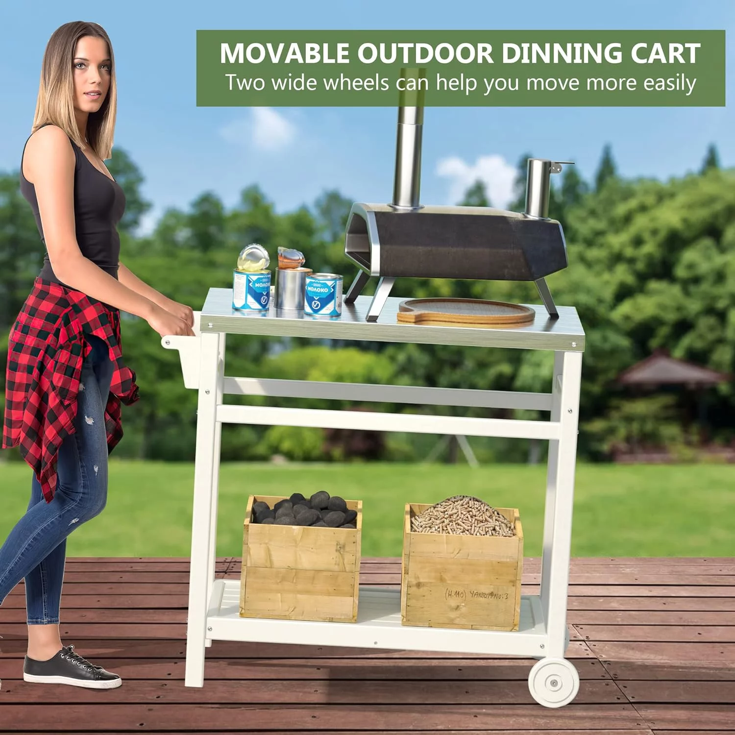 TORVA BBQ Grill Cart for Pizza Ovens and Grills, Outdoor Cart with Stainless Steel Top, Mobile Kitchen Cart with Wheels, Service Cart, White - Image 2