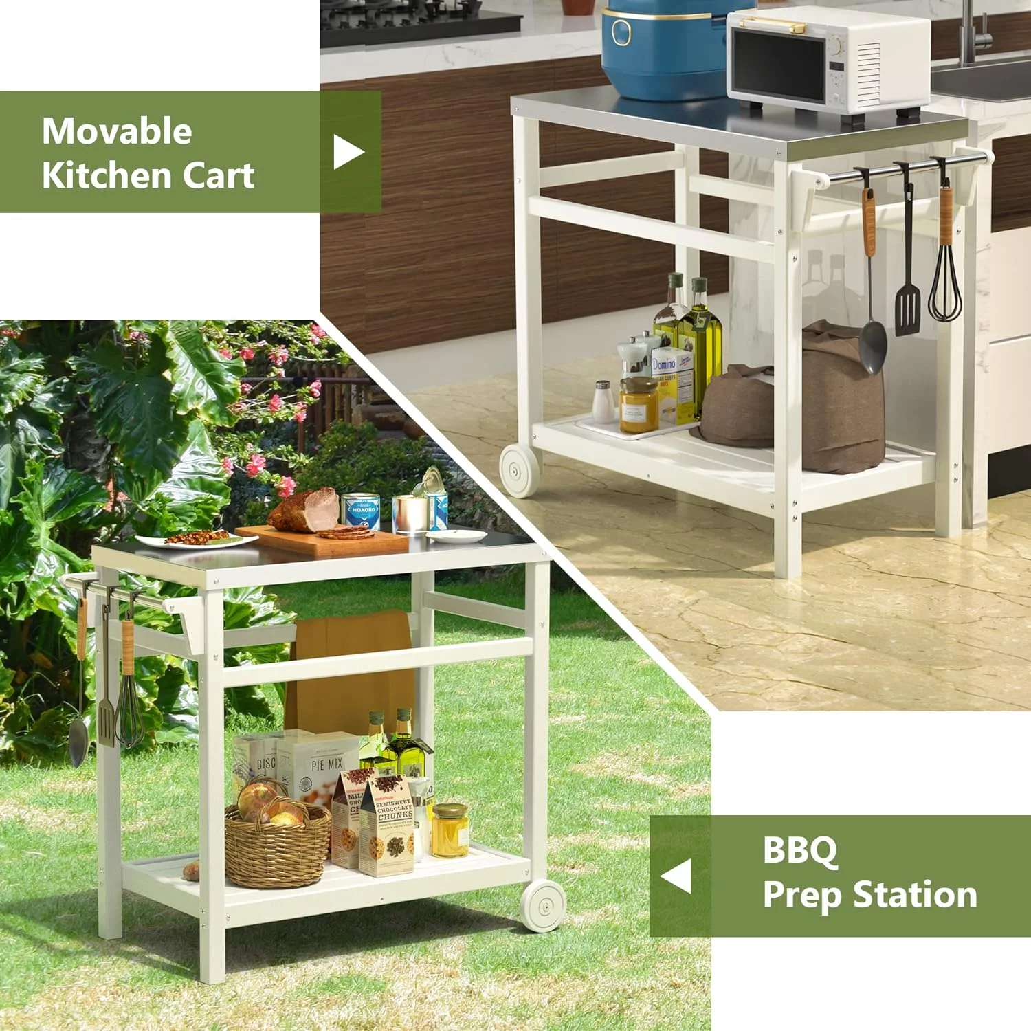 TORVA BBQ Grill Cart for Pizza Ovens and Grills, Outdoor Cart with Stainless Steel Top, Mobile Kitchen Cart with Wheels, Service Cart, White - Image 5