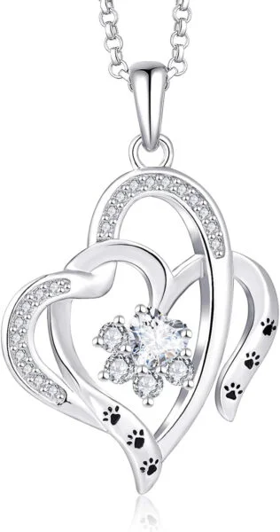 JO WISDOM 925 Sterling Silver Heart Necklace, Pendant with Pet Dog/Cat Paw Print Chain and AAA Cubic Zirconia Women's Jewelry
