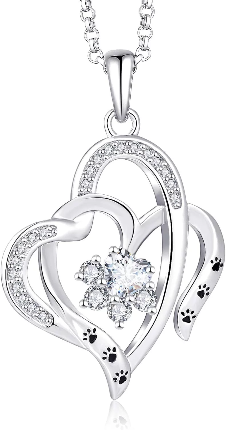 JO WISDOM Collares Corazon de Plata de ley 925, Colgante con Cadena Perro/Gato Mascota Pata Impresión Huella con AAA Circonita Mujer Joyería