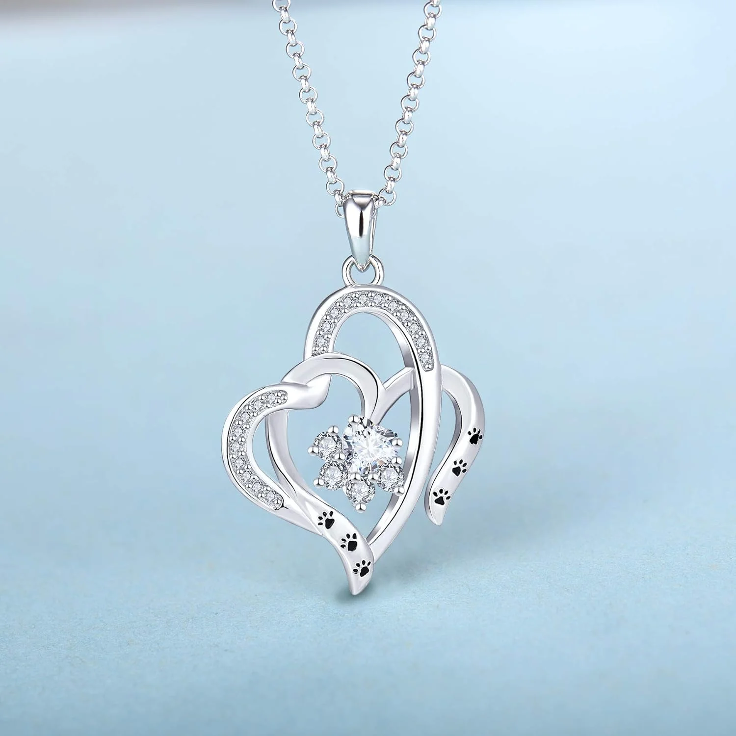 JO WISDOM Collares Corazon de Plata de ley 925, Colgante con Cadena Perro/Gato Mascota Pata Impresión Huella con AAA Circonita Mujer Joyería - Imagen 4