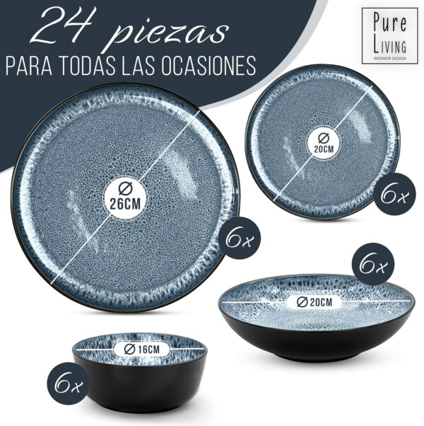 Juego de Vajilla de Steingut Ibiza para 6 Personas - 24 Piezas, Set de Vajilla para Lavavajillas y Microondas - Moderno Juego de Platos - Servicio de Pure Living en azul humo - Imagen 2