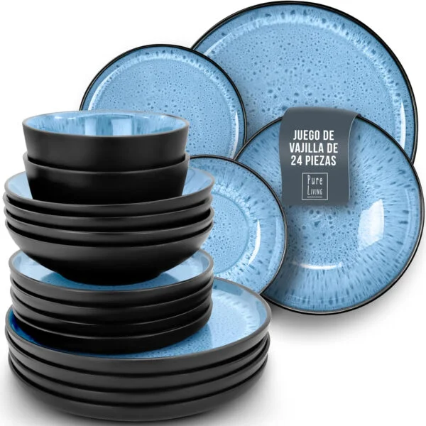 Juego de Vajilla de Steingut Ibiza para 6 Personas - 24 Piezas, Set de Vajilla para Lavavajillas y Microondas - Moderno Juego de Platos - Servicio de Pure Living en Negro y Azul Profundo