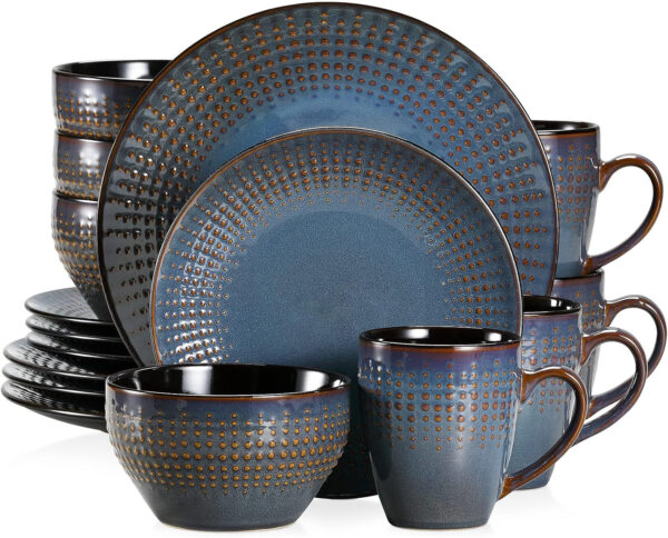 vancasso serie Guto Vajilla de Cerámica 16 pcs -4Tazas/ Tazones y Platos de Postre, Platos Llanos, para 4 Personas, Vajilla Vintage con Forma de Gota de Agua en Relieve-Gris azulado oscuro