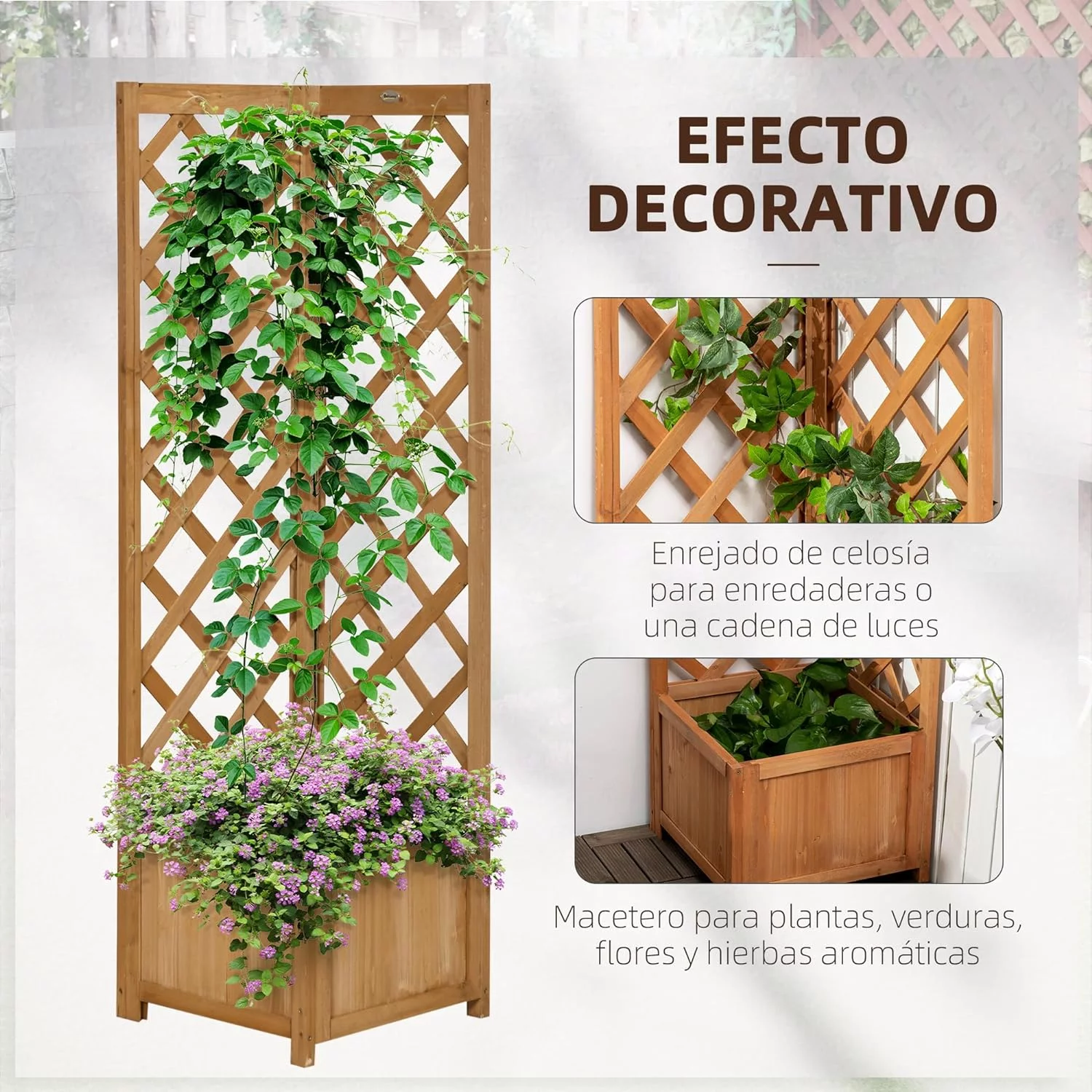 Outsunny Jardinera con Enrejado de Madera Macetero con Enrejado Jardinera Rectangular para Trepadoras Cultivos Plantas Flores Decoración en Esquina 40x40x145 cm Natural - Imagen 4