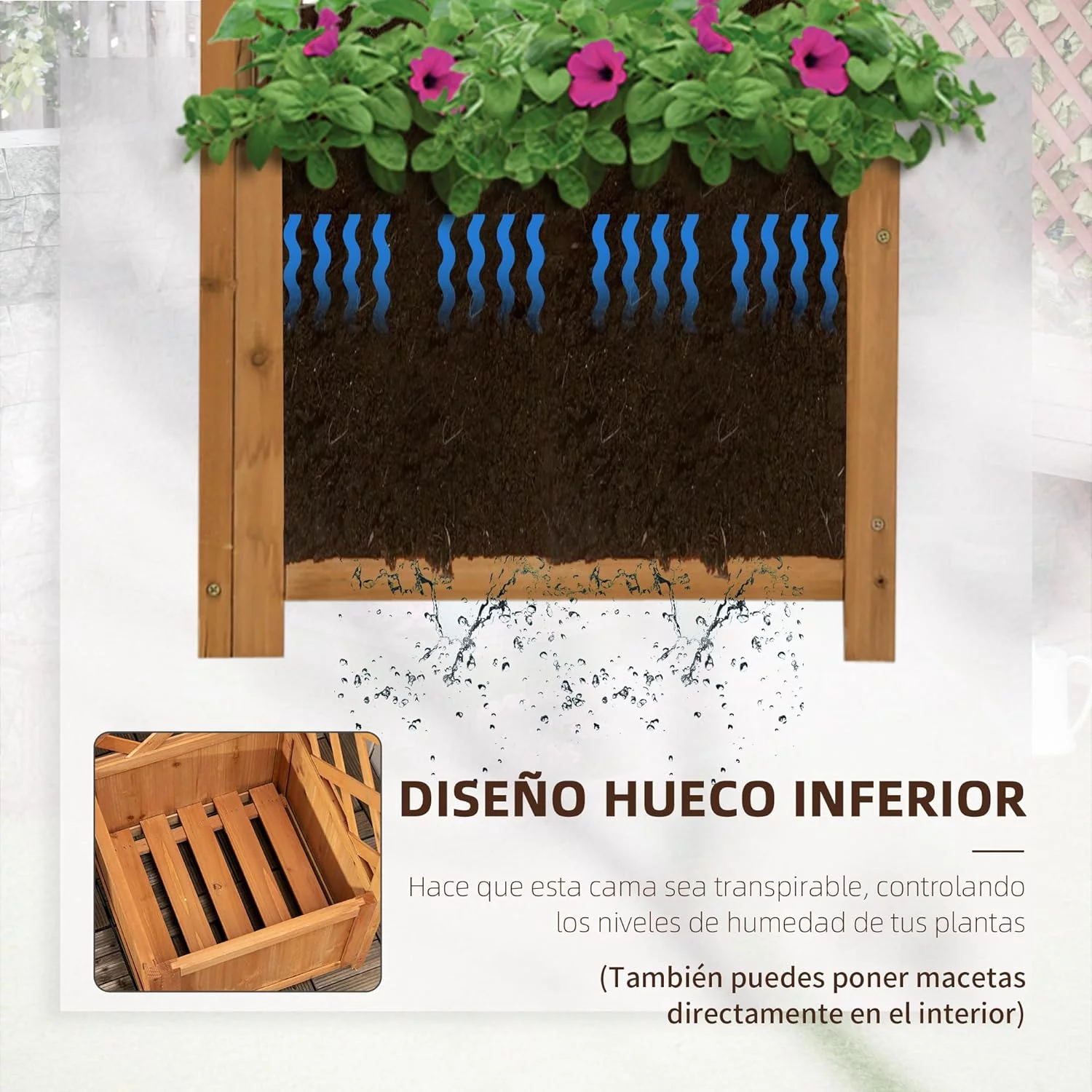 Outsunny Jardinera con Enrejado de Madera Macetero con Enrejado Jardinera Rectangular para Trepadoras Cultivos Plantas Flores Decoración en Esquina 40x40x145 cm Natural - Imagen 5