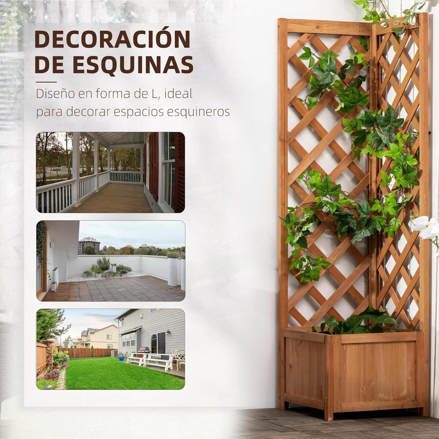 Outsunny Jardinera con Enrejado de Madera Macetero con Enrejado Jardinera Rectangular para Trepadoras Cultivos Plantas Flores Decoración en Esquina 40x40x145 cm Natural - Imagen 6