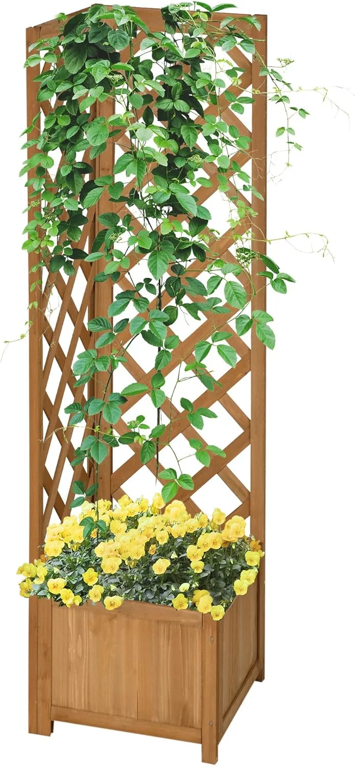 Outsunny Jardinera con Enrejado de Madera Macetero con Enrejado Jardinera Rectangular para Trepadoras Cultivos Plantas Flores Decoración en Esquina 40x40x145 cm Natural - Imagen 7