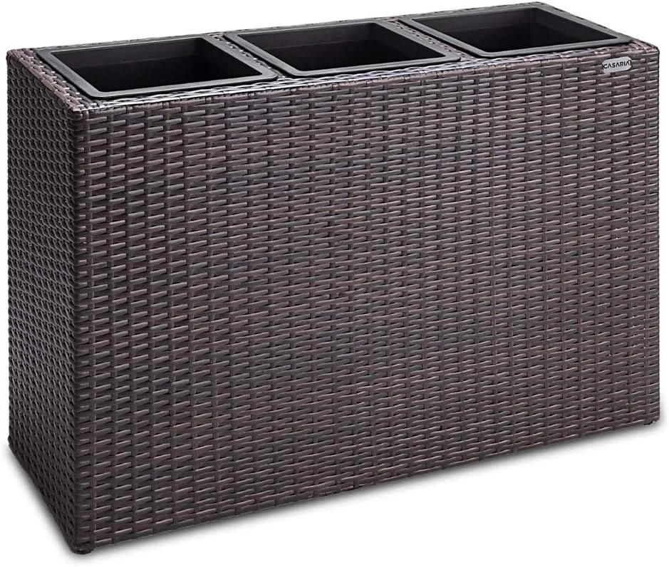 Casaria Macetero Grande Exterior 88x30,5x60 Jardinera Marrón 3 Macetas Poliratán Drenaje de Agua