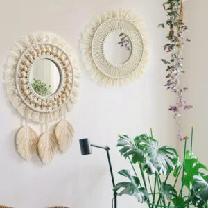 QUOTRE Espejo de Pared con Diseño de Macramé 2 Piezas con Flecos Tejidos Espejo Boho para Dormitorio, Apartamentos, Sala de Estar, Decoración del Hogar (con Espejo)