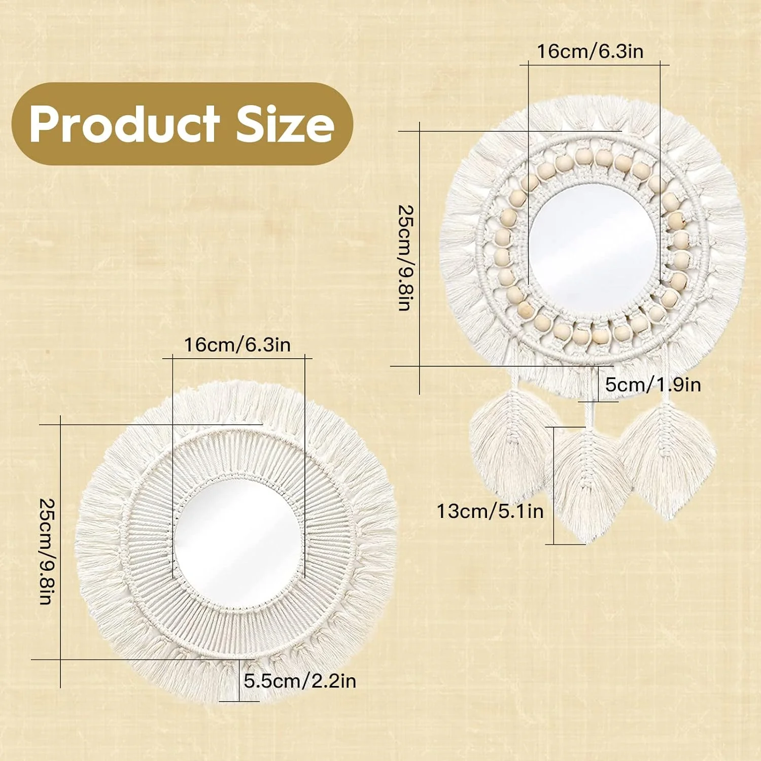 QUOTRE Espejo de Pared con Diseño de Macramé 2 Piezas con Flecos Tejidos Espejo Boho para Dormitorio, Apartamentos, Sala de Estar, Decoración del Hogar (con Espejo) - Imagen 2