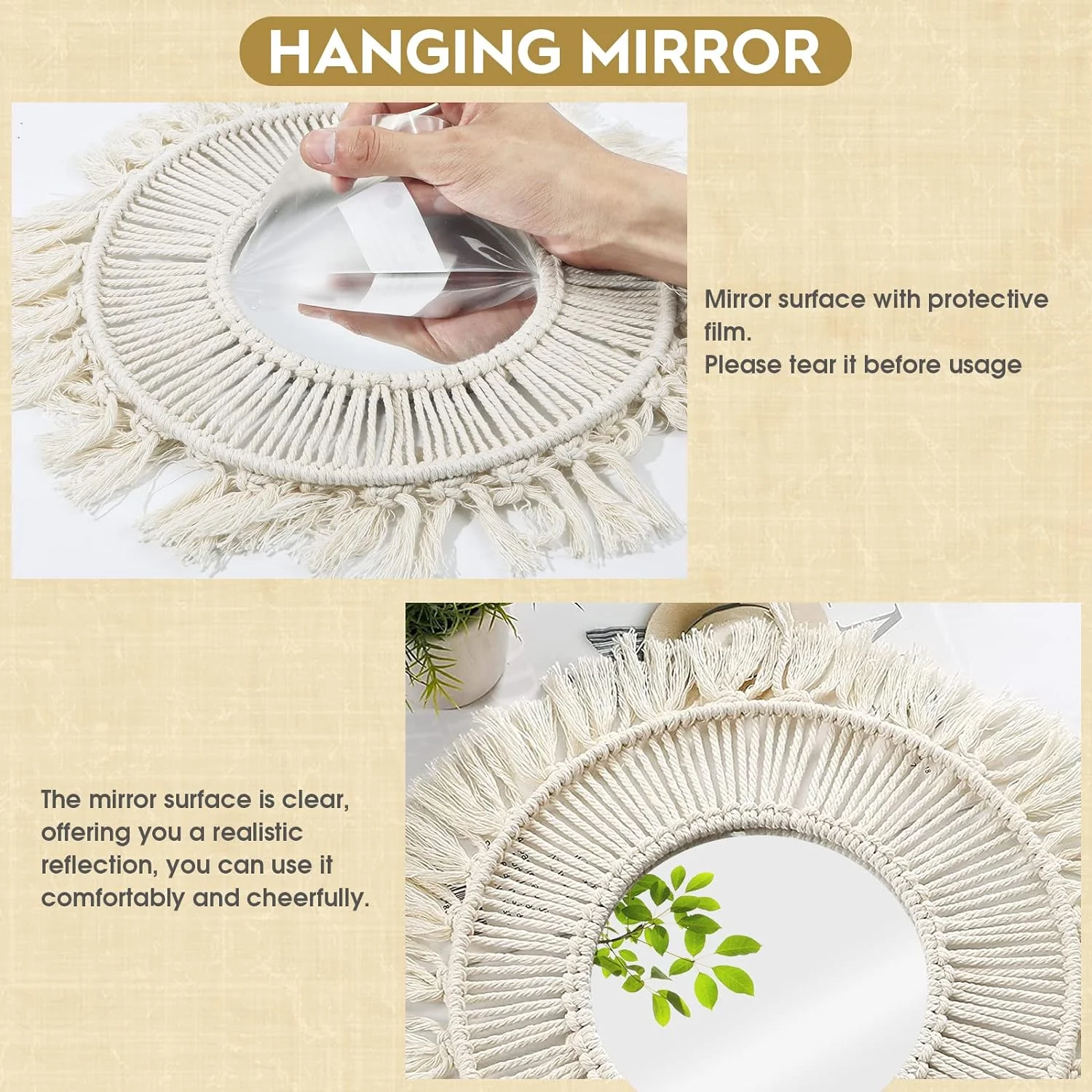 QUOTRE Espejo de Pared con Diseño de Macramé 2 Piezas con Flecos Tejidos Espejo Boho para Dormitorio, Apartamentos, Sala de Estar, Decoración del Hogar (con Espejo) - Imagen 4