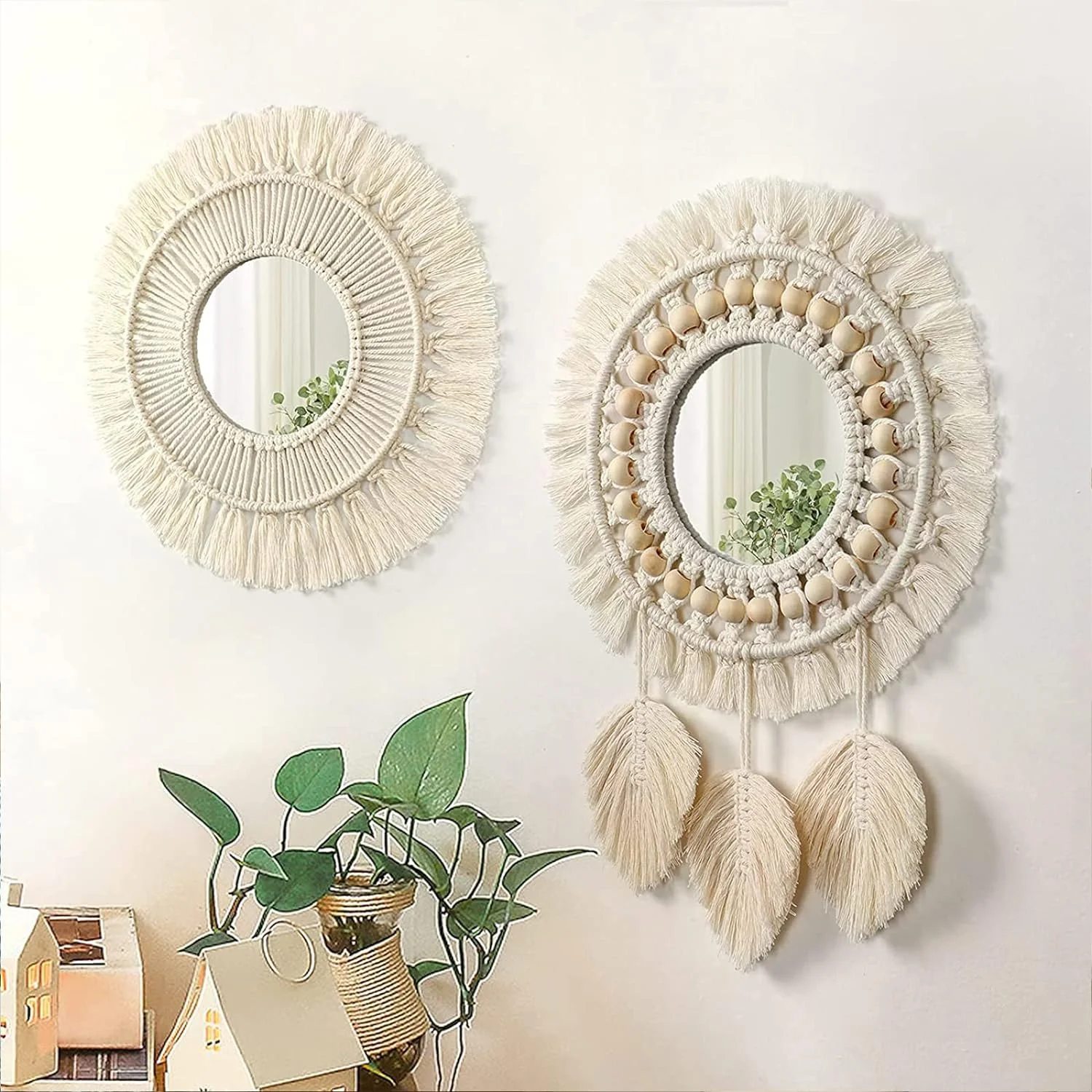 QUOTRE Espejo de Pared con Diseño de Macramé 2 Piezas con Flecos Tejidos Espejo Boho para Dormitorio, Apartamentos, Sala de Estar, Decoración del Hogar (con Espejo) - Imagen 5