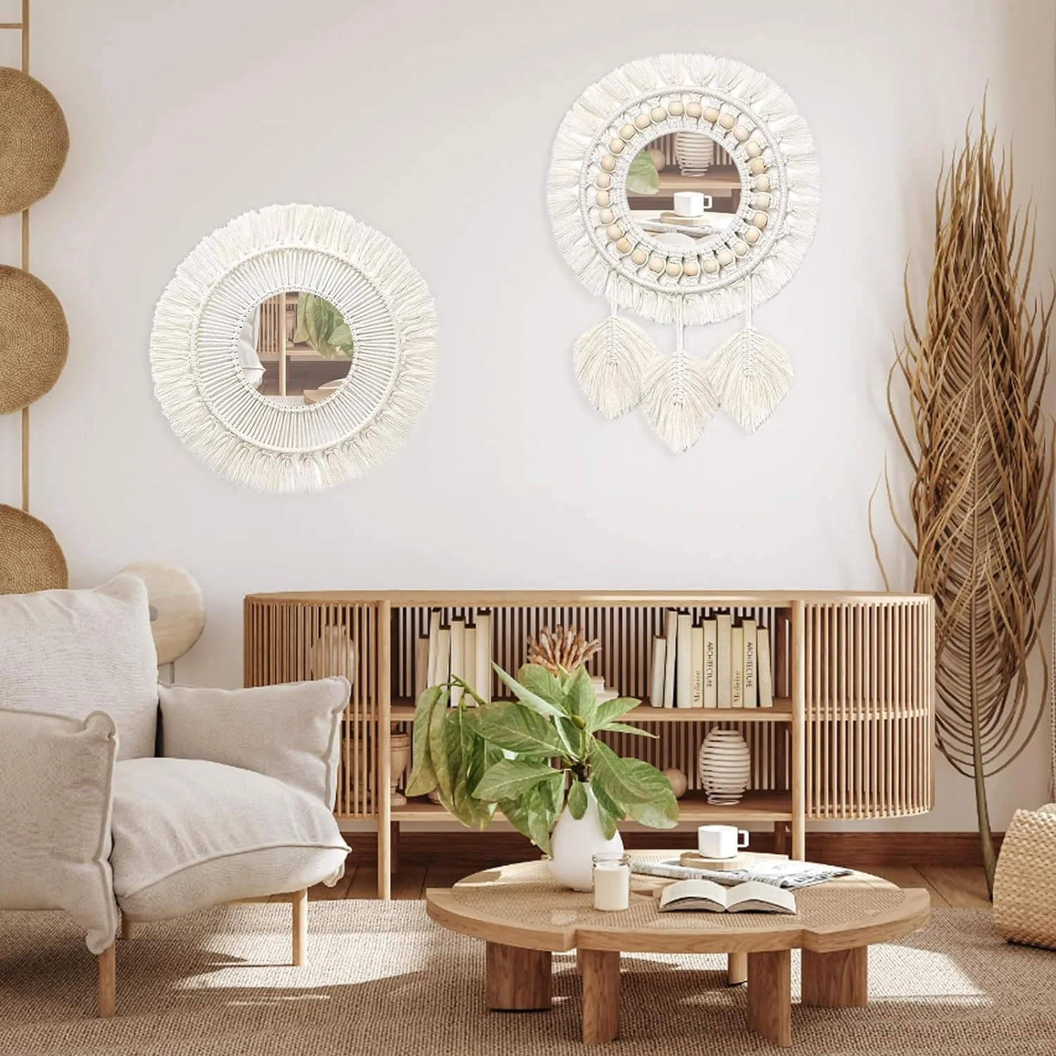 QUOTRE Espejo de Pared con Diseño de Macramé 2 Piezas con Flecos Tejidos Espejo Boho para Dormitorio, Apartamentos, Sala de Estar, Decoración del Hogar (con Espejo) - Imagen 6