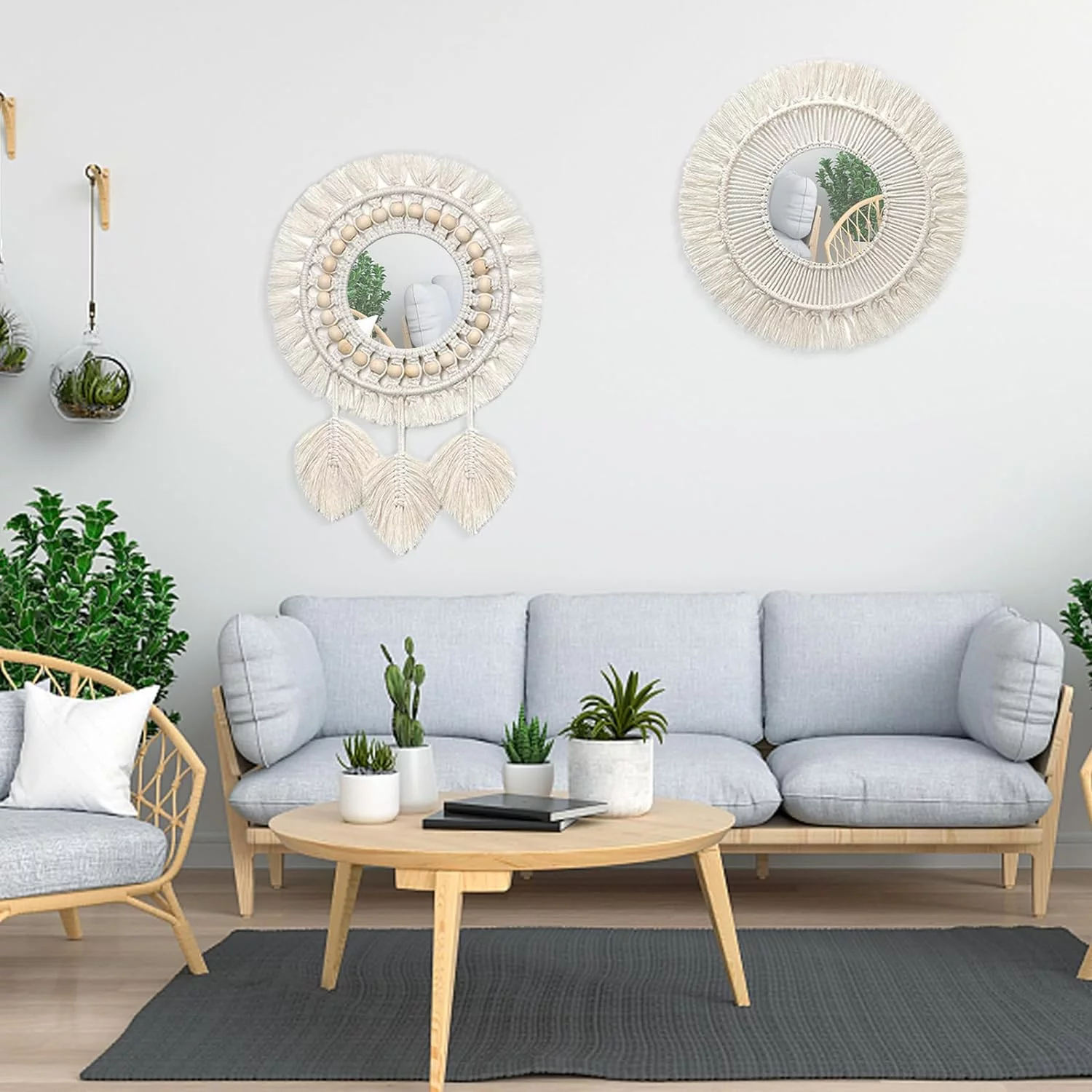 QUOTRE Espejo de Pared con Diseño de Macramé 2 Piezas con Flecos Tejidos Espejo Boho para Dormitorio, Apartamentos, Sala de Estar, Decoración del Hogar (con Espejo) - Imagen 7