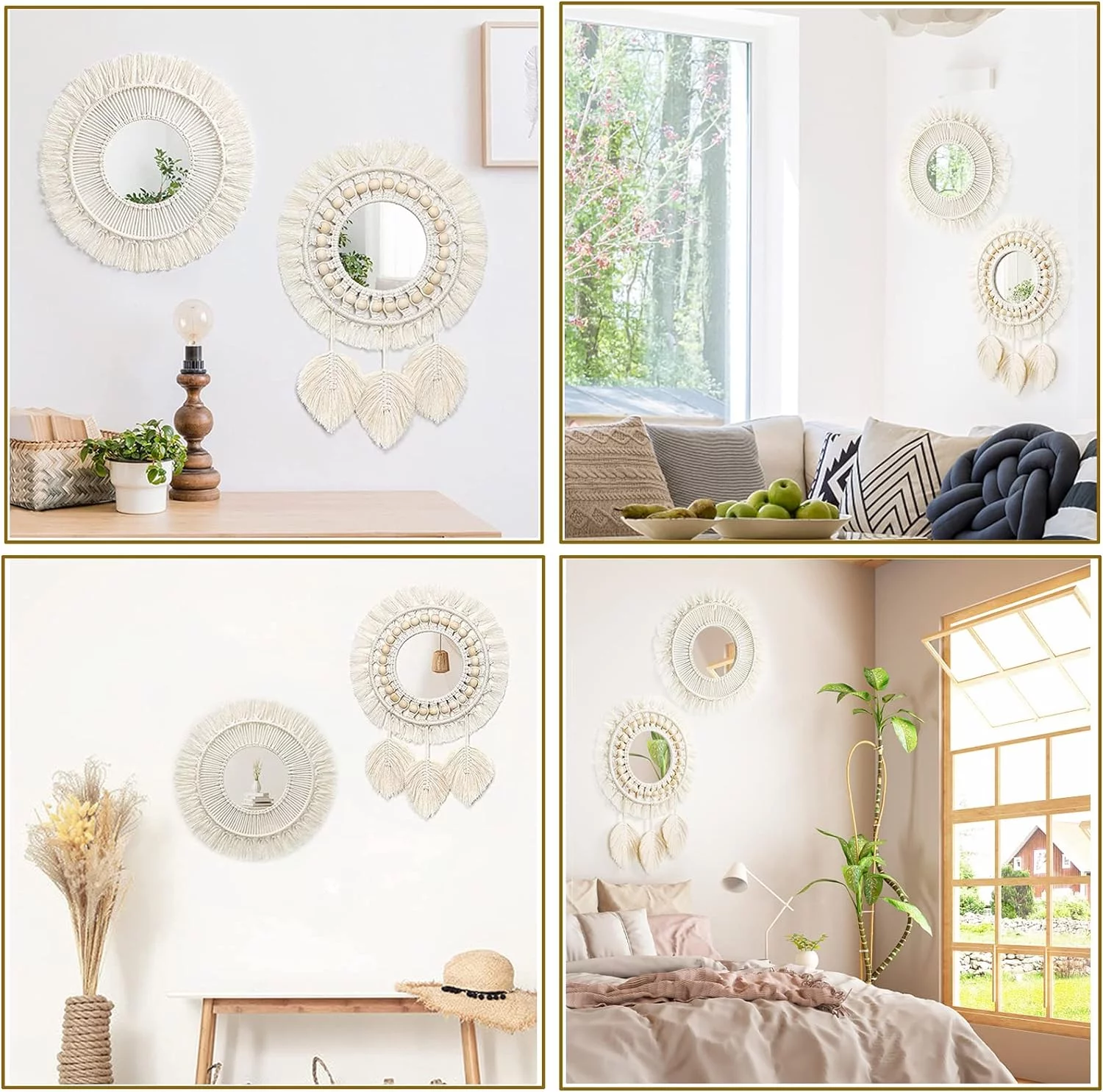 QUOTRE Espejo de Pared con Diseño de Macramé 2 Piezas con Flecos Tejidos Espejo Boho para Dormitorio, Apartamentos, Sala de Estar, Decoración del Hogar (con Espejo) - Imagen 8