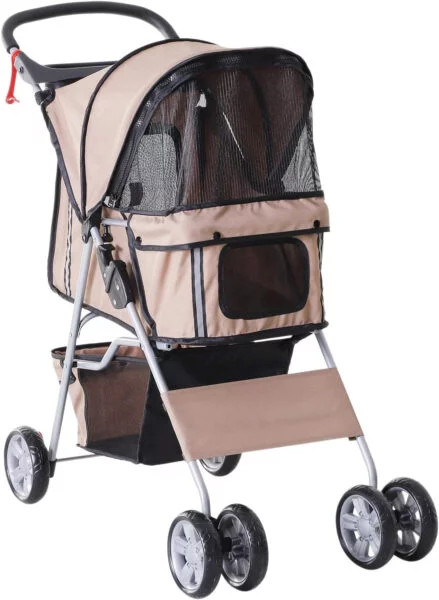 PawHut Cochecito Plegable Mascotas Carrito para Perros Gatos con Cuatro Ruedas Cesta de Almacenaje Ventanas y Portavasos Tela Oxford Marco de Acero 75x45x97 cm Café