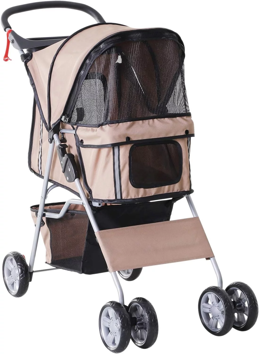 PawHut Cochecito Plegable Mascotas Carrito para Perros Gatos con Cuatro Ruedas Cesta de Almacenaje Ventanas y Portavasos Tela Oxford Marco de Acero 75x45x97 cm Café