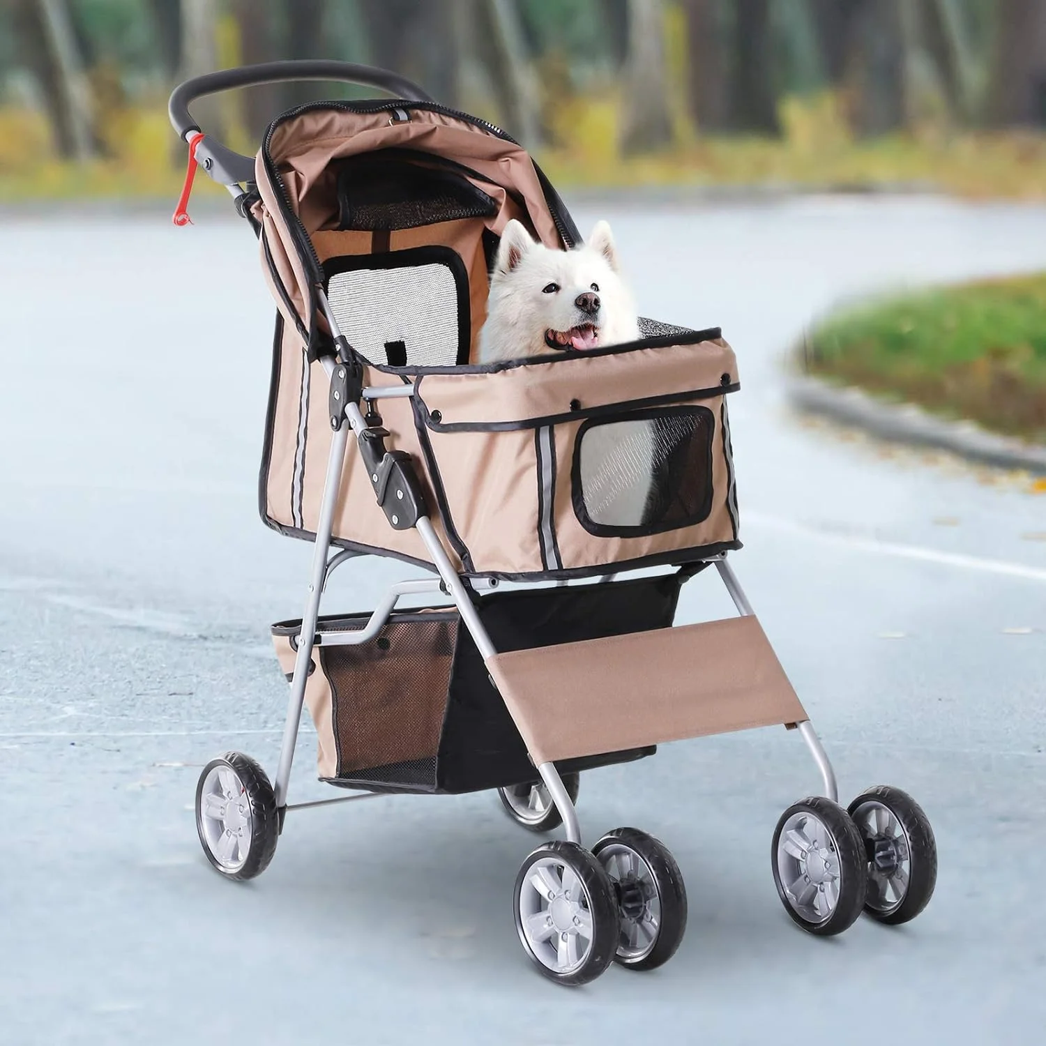 PawHut Cochecito Plegable Mascotas Carrito para Perros Gatos con Cuatro Ruedas Cesta de Almacenaje Ventanas y Portavasos Tela Oxford Marco de Acero 75x45x97 cm Café - Imagen 2