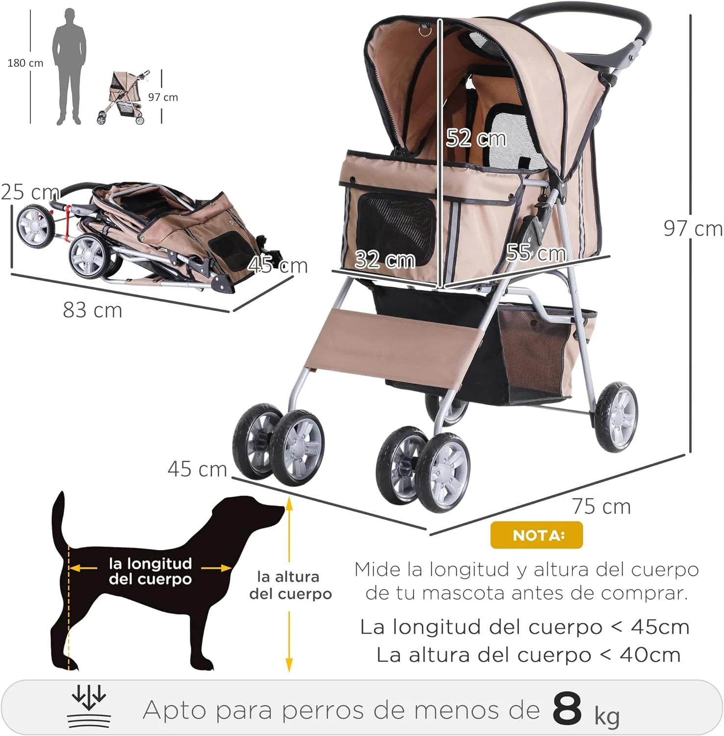 PawHut Cochecito Plegable Mascotas Carrito para Perros Gatos con Cuatro Ruedas Cesta de Almacenaje Ventanas y Portavasos Tela Oxford Marco de Acero 75x45x97 cm Café - Imagen 3
