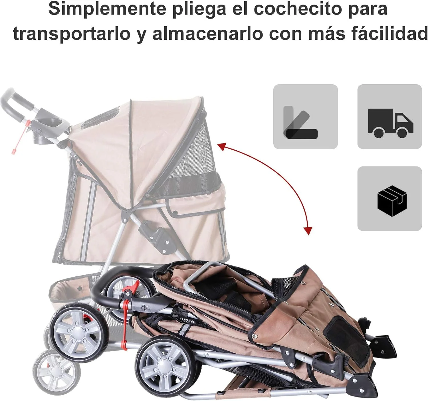 PawHut Cochecito Plegable Mascotas Carrito para Perros Gatos con Cuatro Ruedas Cesta de Almacenaje Ventanas y Portavasos Tela Oxford Marco de Acero 75x45x97 cm Café - Imagen 4