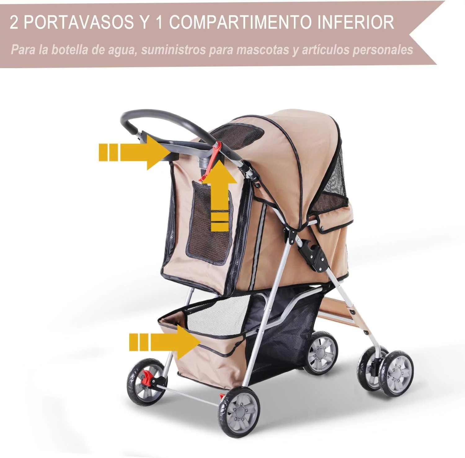 PawHut Cochecito Plegable Mascotas Carrito para Perros Gatos con Cuatro Ruedas Cesta de Almacenaje Ventanas y Portavasos Tela Oxford Marco de Acero 75x45x97 cm Café - Imagen 5