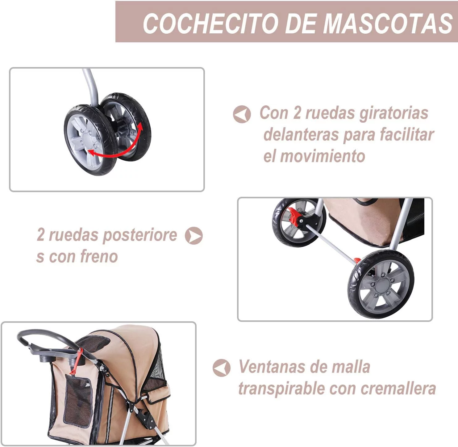 PawHut Cochecito Plegable Mascotas Carrito para Perros Gatos con Cuatro Ruedas Cesta de Almacenaje Ventanas y Portavasos Tela Oxford Marco de Acero 75x45x97 cm Café - Imagen 6