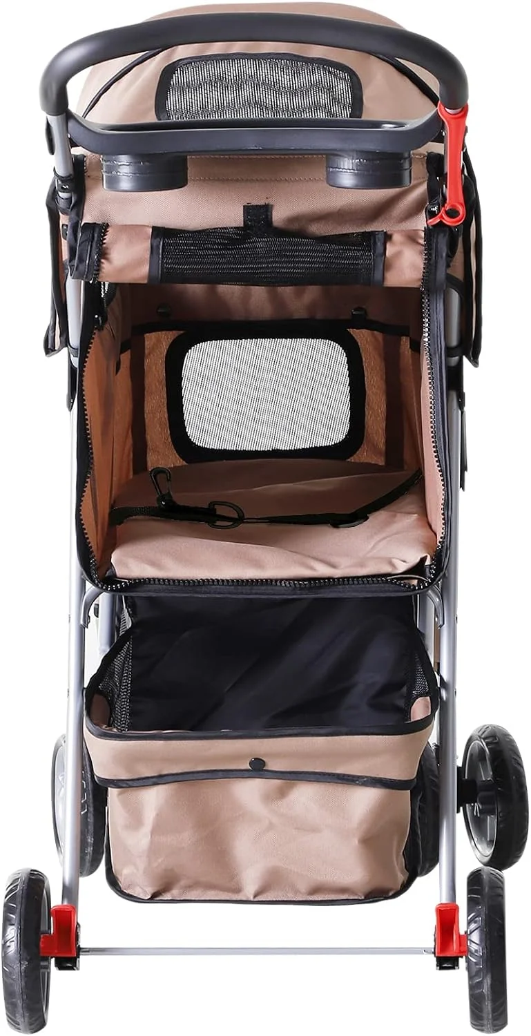 PawHut Cochecito Plegable Mascotas Carrito para Perros Gatos con Cuatro Ruedas Cesta de Almacenaje Ventanas y Portavasos Tela Oxford Marco de Acero 75x45x97 cm Café - Imagen 9