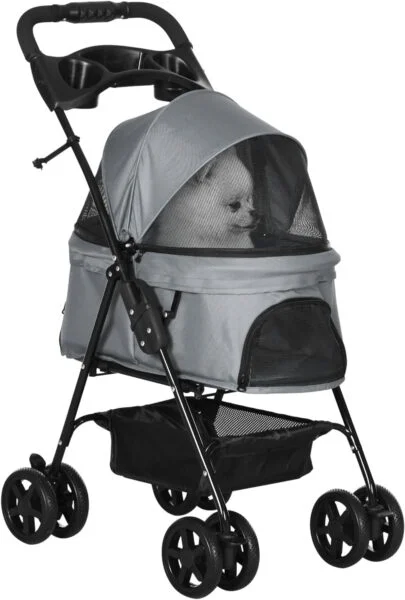 PawHut Cochecito para Mascotas Plegable Carrito para Perros Desmontable con Ventanas de Malla y Cesta de Almacenamiento para Perros Gatos Pequeñitos 67x45x96 cm Gris
