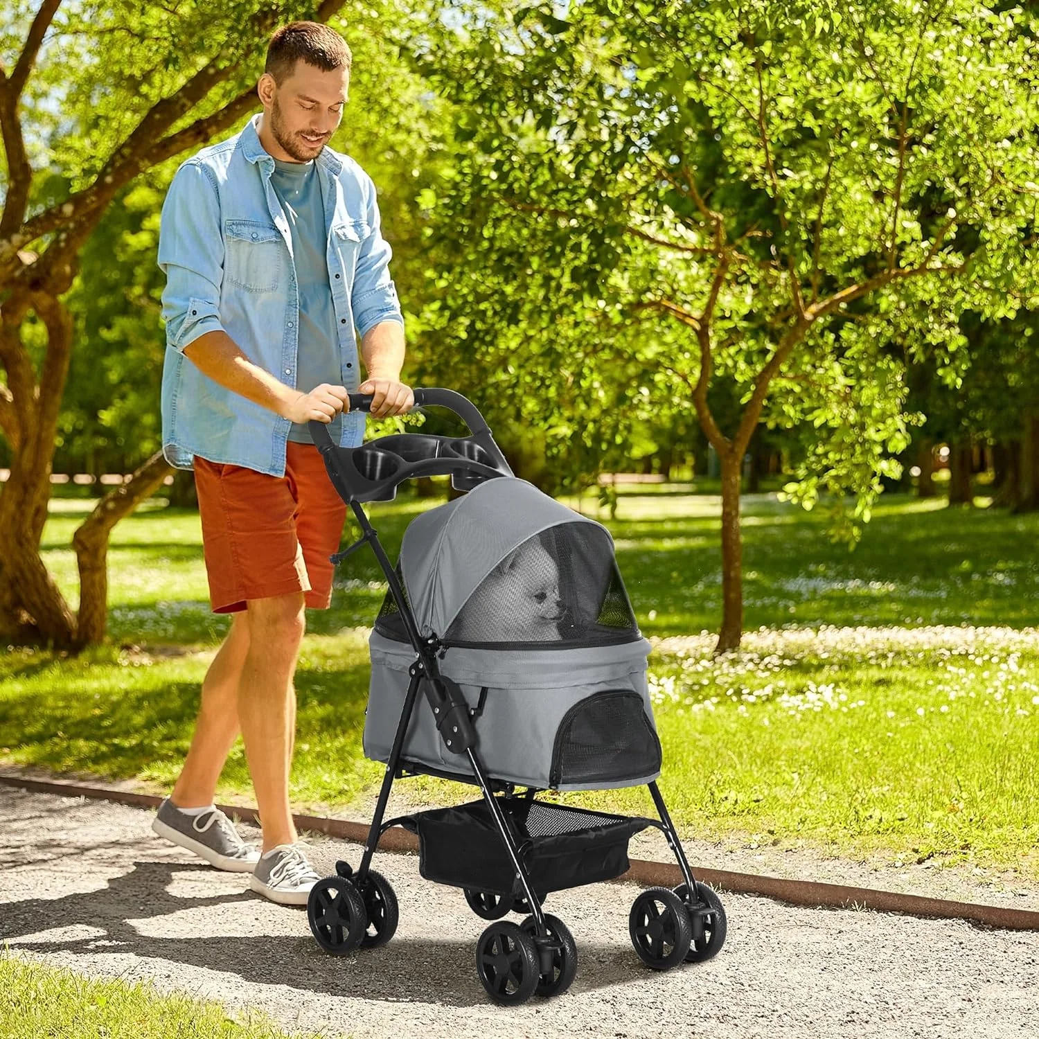 PawHut Cochecito para Mascotas Plegable Carrito para Perros Desmontable con Ventanas de Malla y Cesta de Almacenamiento para Perros Gatos Pequeñitos 67x45x96 cm Gris - Imagen 2