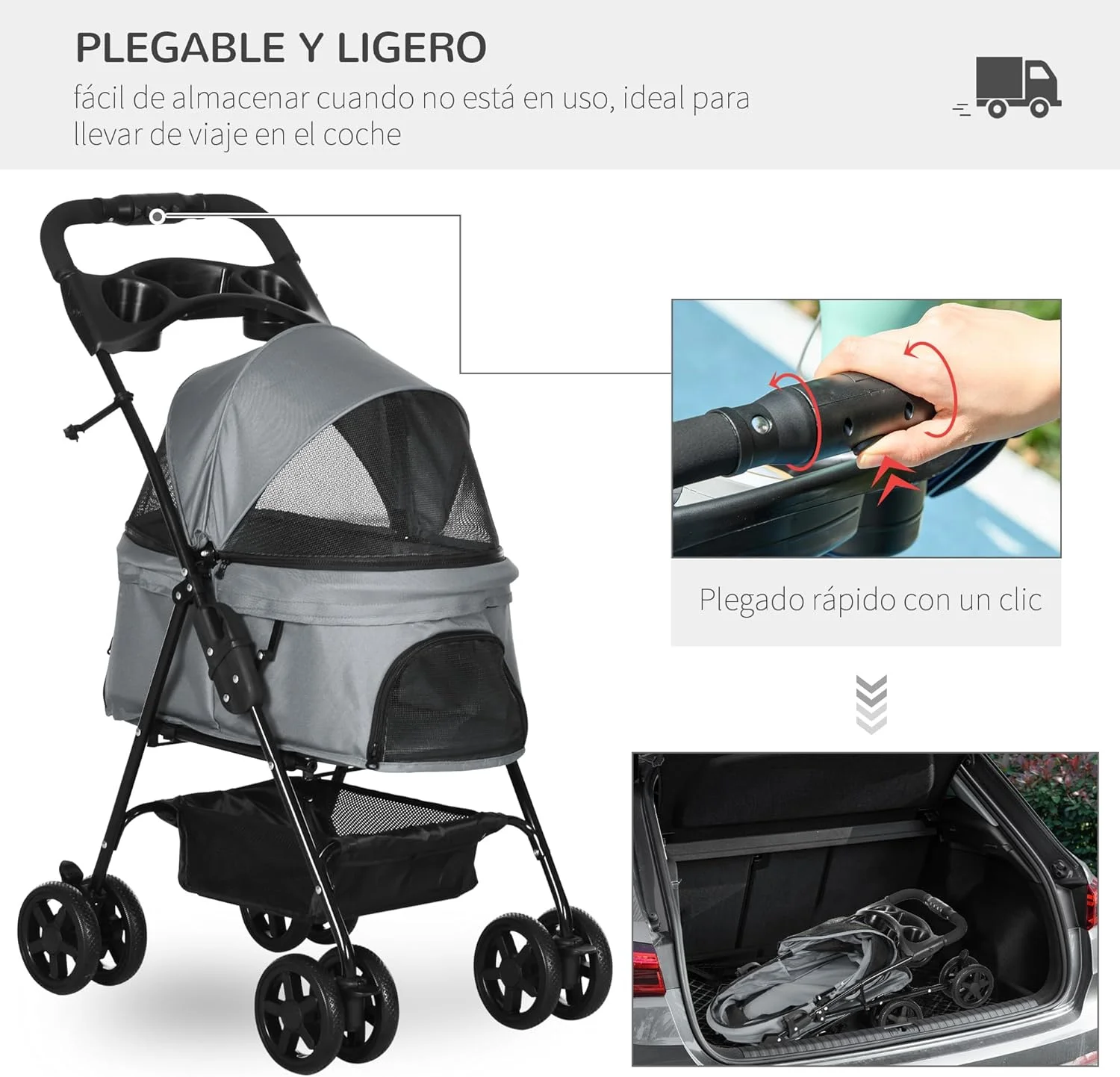 PawHut Cochecito para Mascotas Plegable Carrito para Perros Desmontable con Ventanas de Malla y Cesta de Almacenamiento para Perros Gatos Pequeñitos 67x45x96 cm Gris - Imagen 3