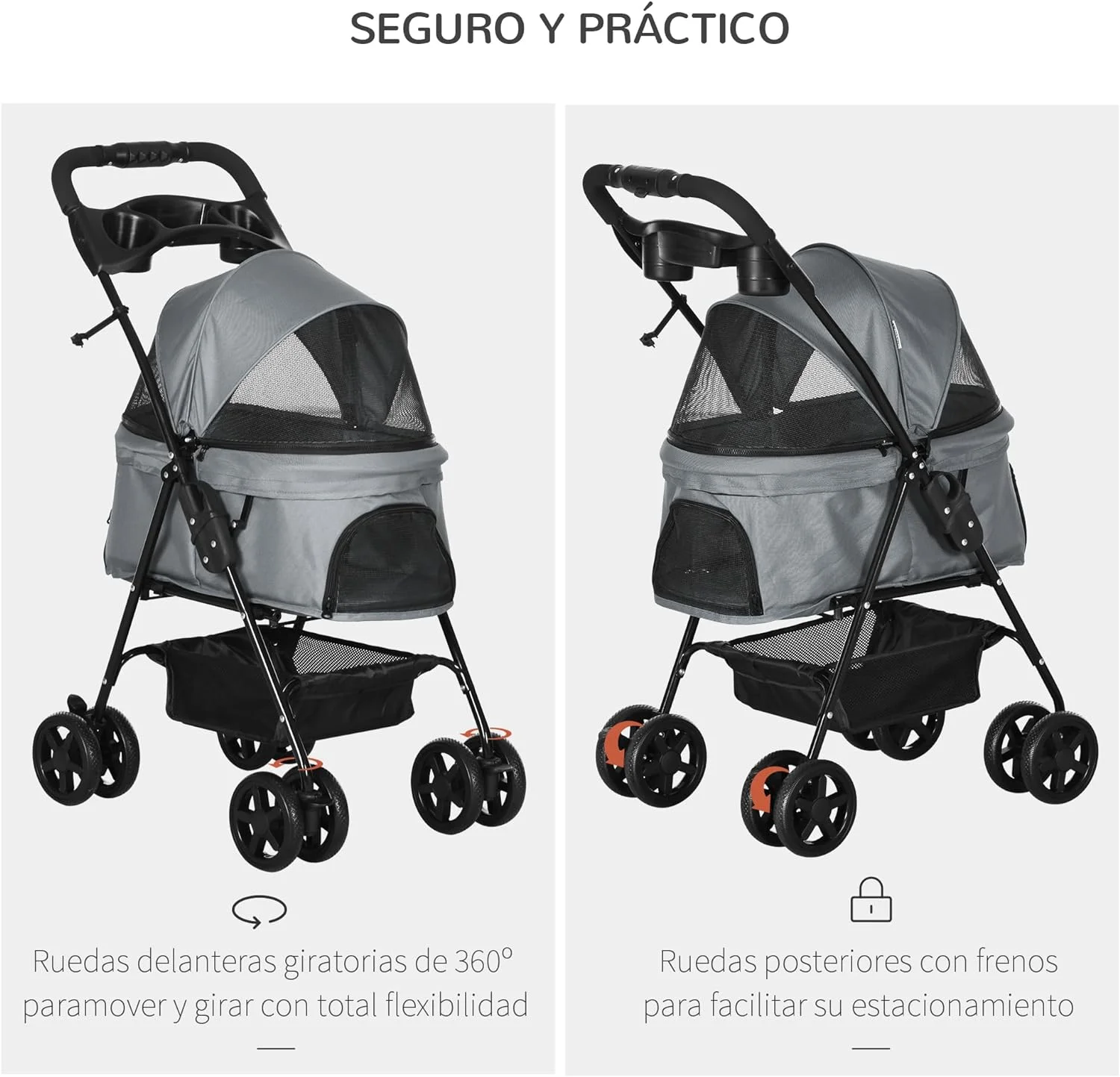 PawHut Cochecito para Mascotas Plegable Carrito para Perros Desmontable con Ventanas de Malla y Cesta de Almacenamiento para Perros Gatos Pequeñitos 67x45x96 cm Gris - Imagen 4