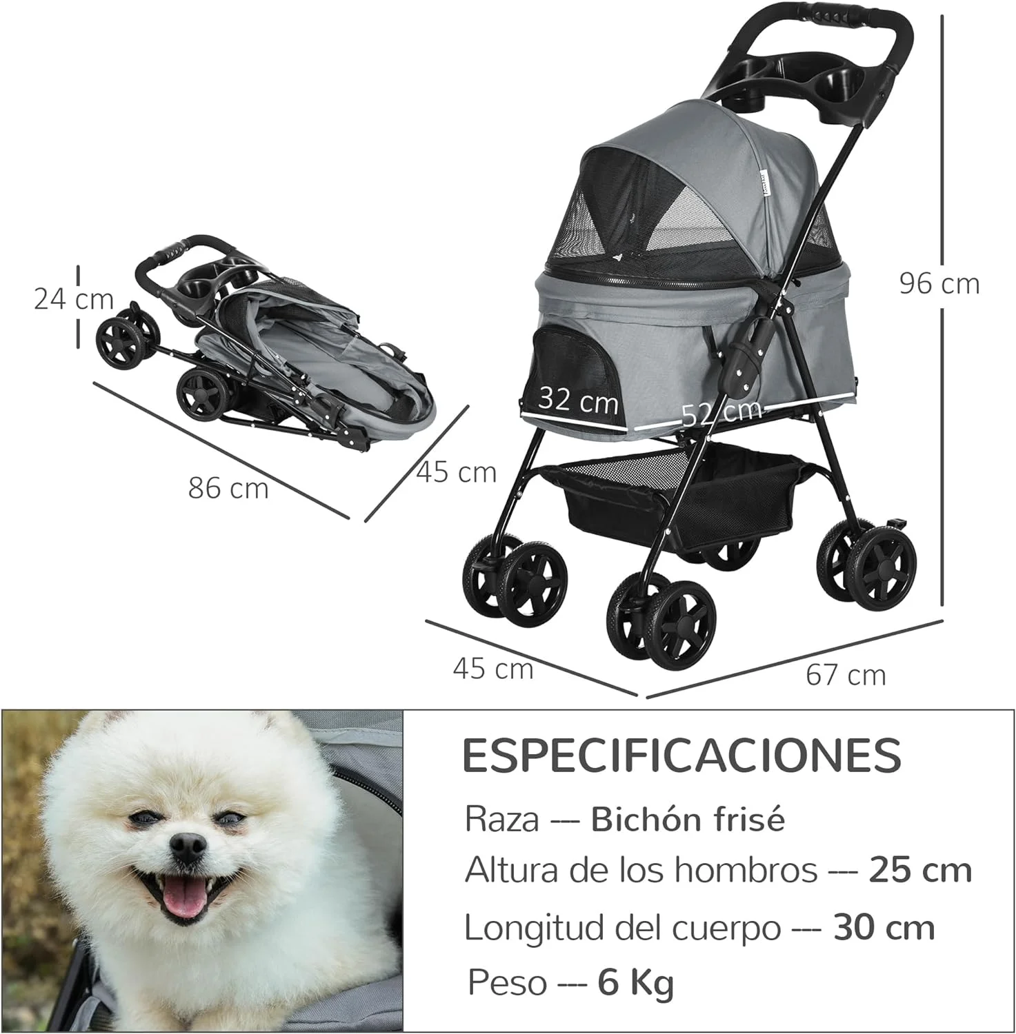 PawHut Cochecito para Mascotas Plegable Carrito para Perros Desmontable con Ventanas de Malla y Cesta de Almacenamiento para Perros Gatos Pequeñitos 67x45x96 cm Gris - Imagen 5