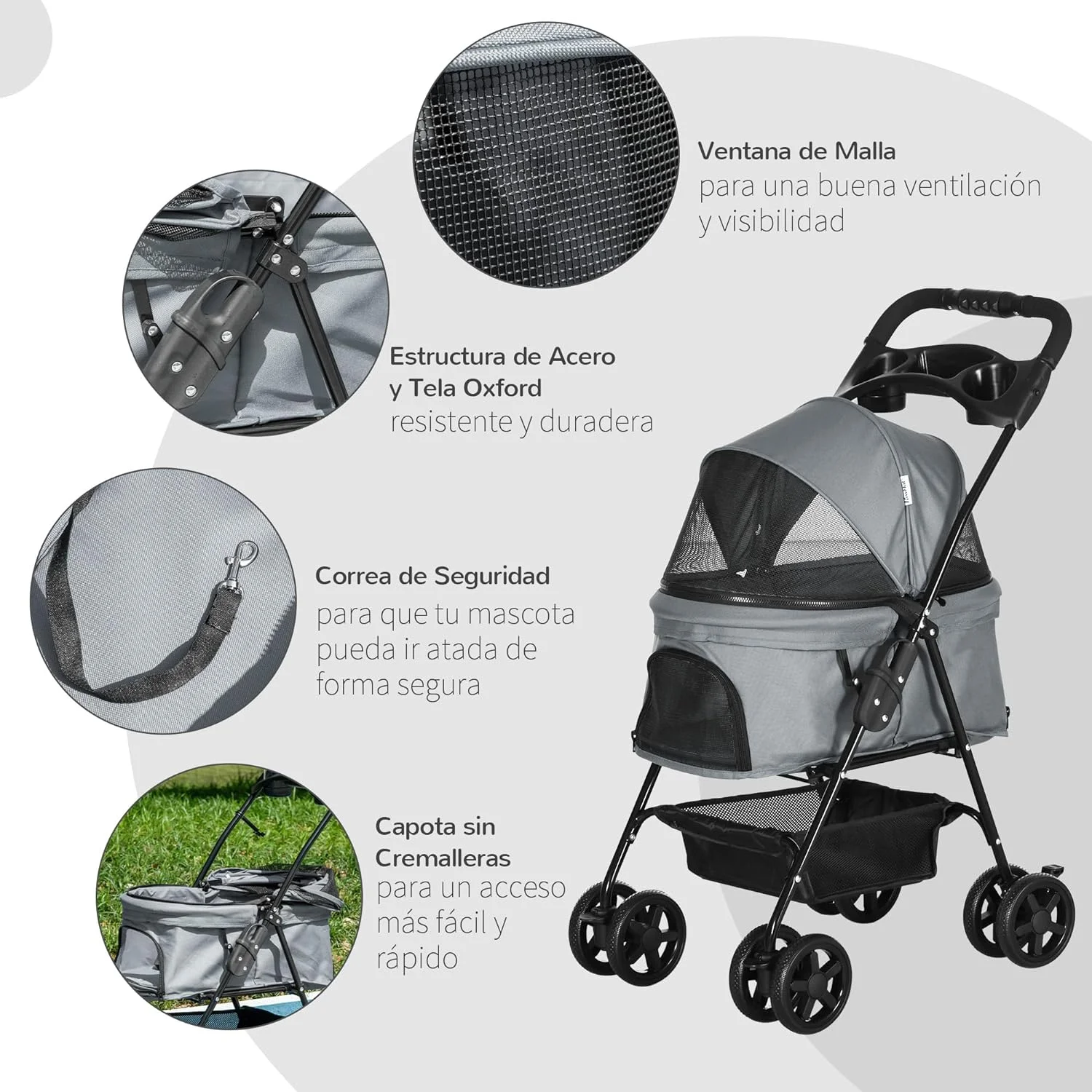 PawHut Cochecito para Mascotas Plegable Carrito para Perros Desmontable con Ventanas de Malla y Cesta de Almacenamiento para Perros Gatos Pequeñitos 67x45x96 cm Gris - Imagen 6