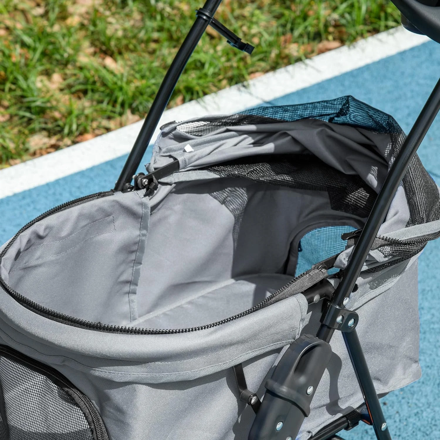 PawHut Cochecito para Mascotas Plegable Carrito para Perros Desmontable con Ventanas de Malla y Cesta de Almacenamiento para Perros Gatos Pequeñitos 67x45x96 cm Gris - Imagen 9