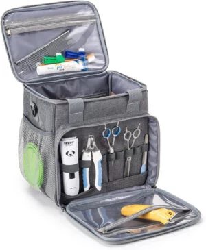 BABEYER Bolsa de aseo para perros, organizador de suministros de aseo para perros, bolsa de mano para kit de herramientas de aseo de mascotas, accesorios gris