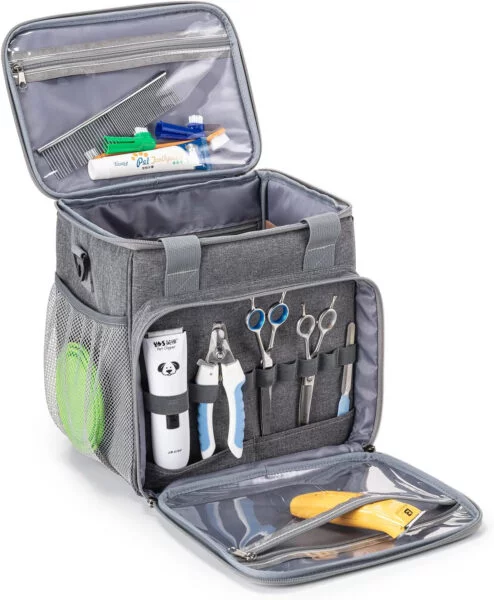 BABEYER Bolsa de aseo para perros, organizador de suministros de aseo para perros, bolsa de mano para kit de herramientas de aseo de mascotas, accesorios gris