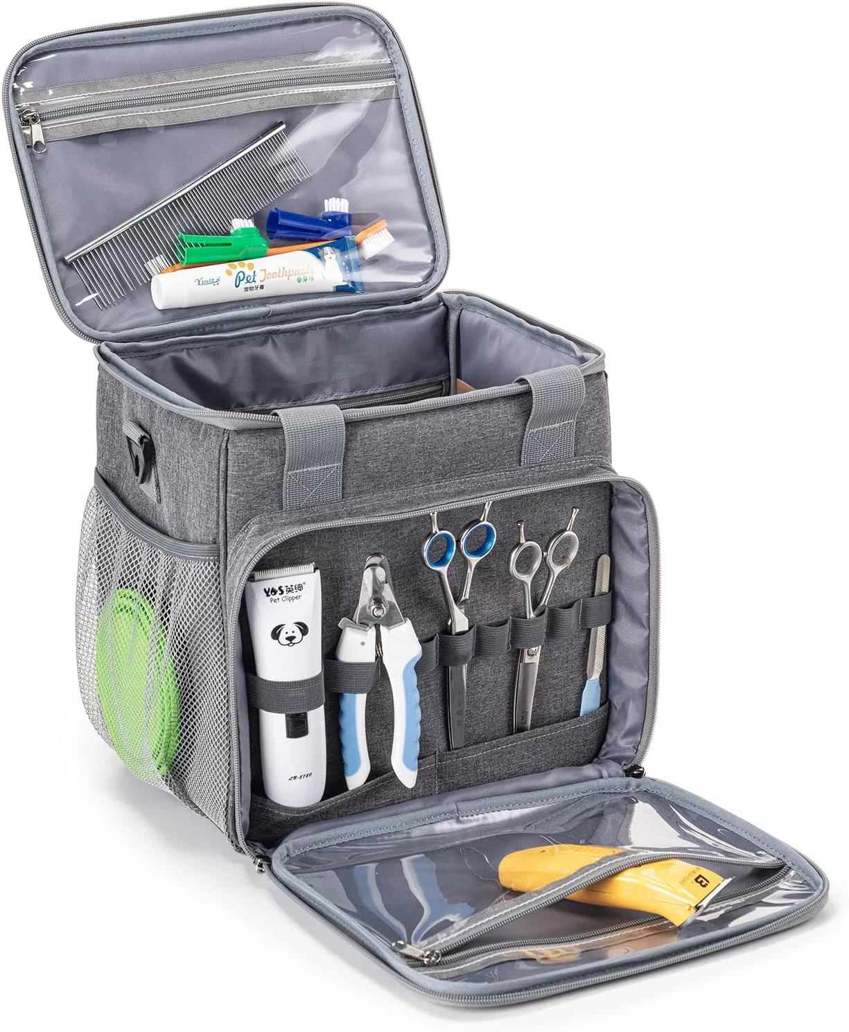 BABEYER Bolsa de aseo para perros, organizador de suministros de aseo para perros, bolsa de mano para kit de herramientas de aseo de mascotas, accesorios gris
