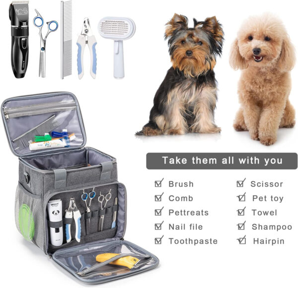 BABEYER Bolsa de aseo para perros, organizador de suministros de aseo para perros, bolsa de mano para kit de herramientas de aseo de mascotas, accesorios gris - Imagen 4