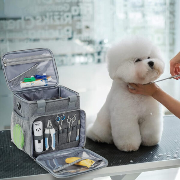 BABEYER Bolsa de aseo para perros, organizador de suministros de aseo para perros, bolsa de mano para kit de herramientas de aseo de mascotas, accesorios gris - Imagen 7