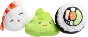 Pearhead Juguetes para Mascotas de Sushi, Juego de Juguetes para Perros chirriantes de Peluche, Accesorio imprescindible para el dueño de Mascotas, Juego de 3
