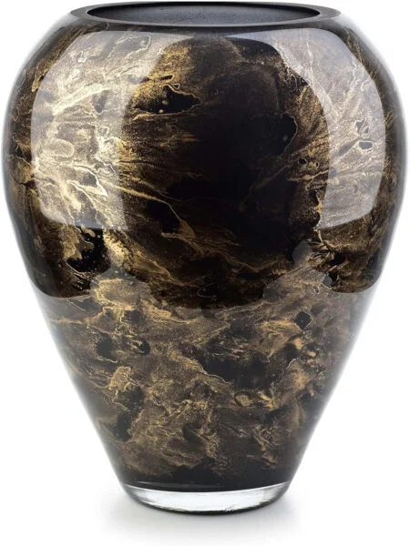 Terroso Vase – Black Blown Glass – Luxurious, Elegant Look – 33 cm Tall – Marble Effect – Flower Vase