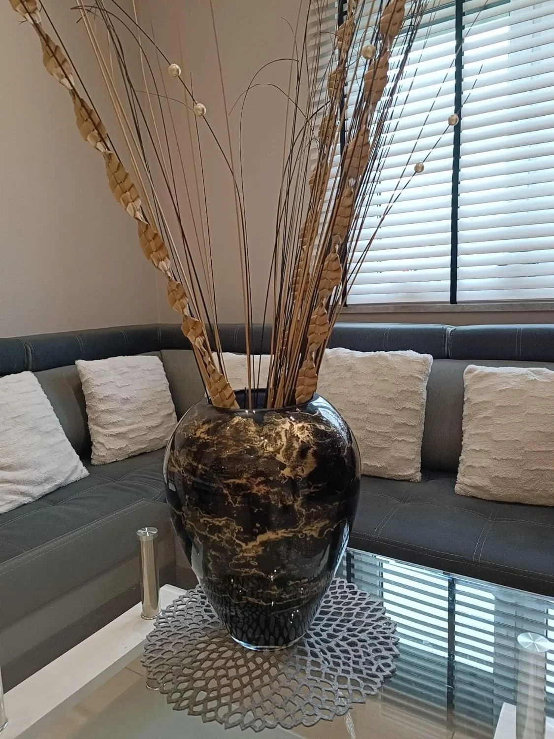 Terroso Vase – Black Blown Glass – Luxurious, Elegant Look – 33 cm Tall – Marble Effect – Flower Vase - Image 5