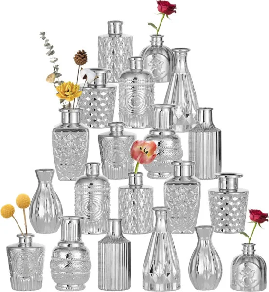 Florero de Cristal Florero de Plata: Hewory 20pcs Pequeño Jarrón de Cristal para Las Flores, la Vendimia Dorada Bud Vases Set Hecho a Mano Jarrones, Adornos Decorativos de Plata para la Decoración