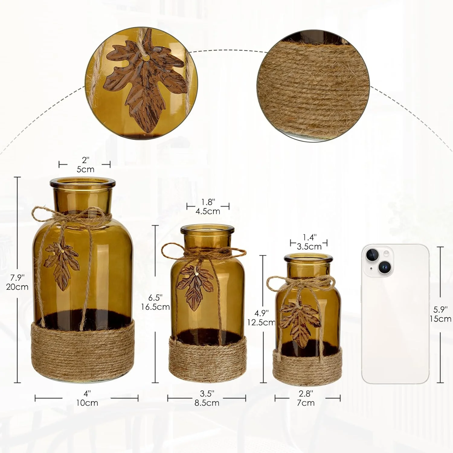 Briful Juego de 3 jarrones de cristal de varios tamaños envueltos con cuerda de yute, jarrón de vidrio ámbar con jarrón de cristal de hoja de arce realista para flores florero para decoración de mesa - Imagen 2